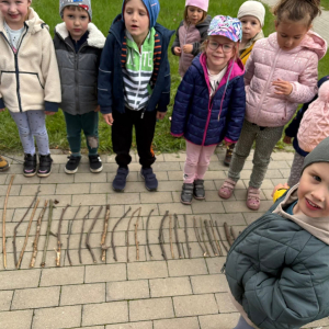 Dzieci porównują długości patyków.
