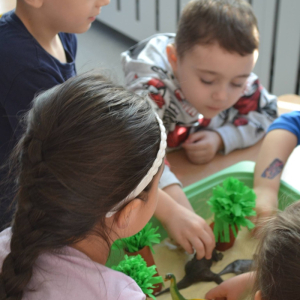 Sensoryczny Dzień Dinozaura- zabawy z kaszą.