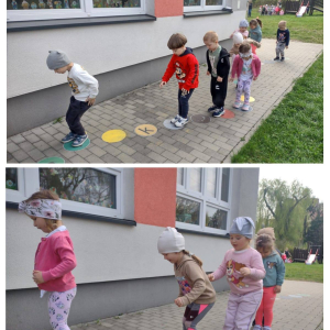 Przedszkolaki uczestniczą w zabawach sportowych.