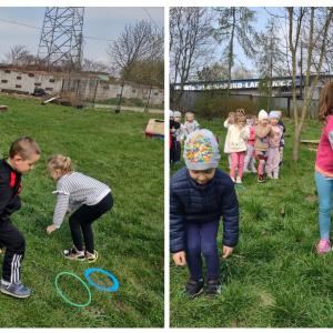 Przedszkolaki uczestniczą w zabawach sportowych.